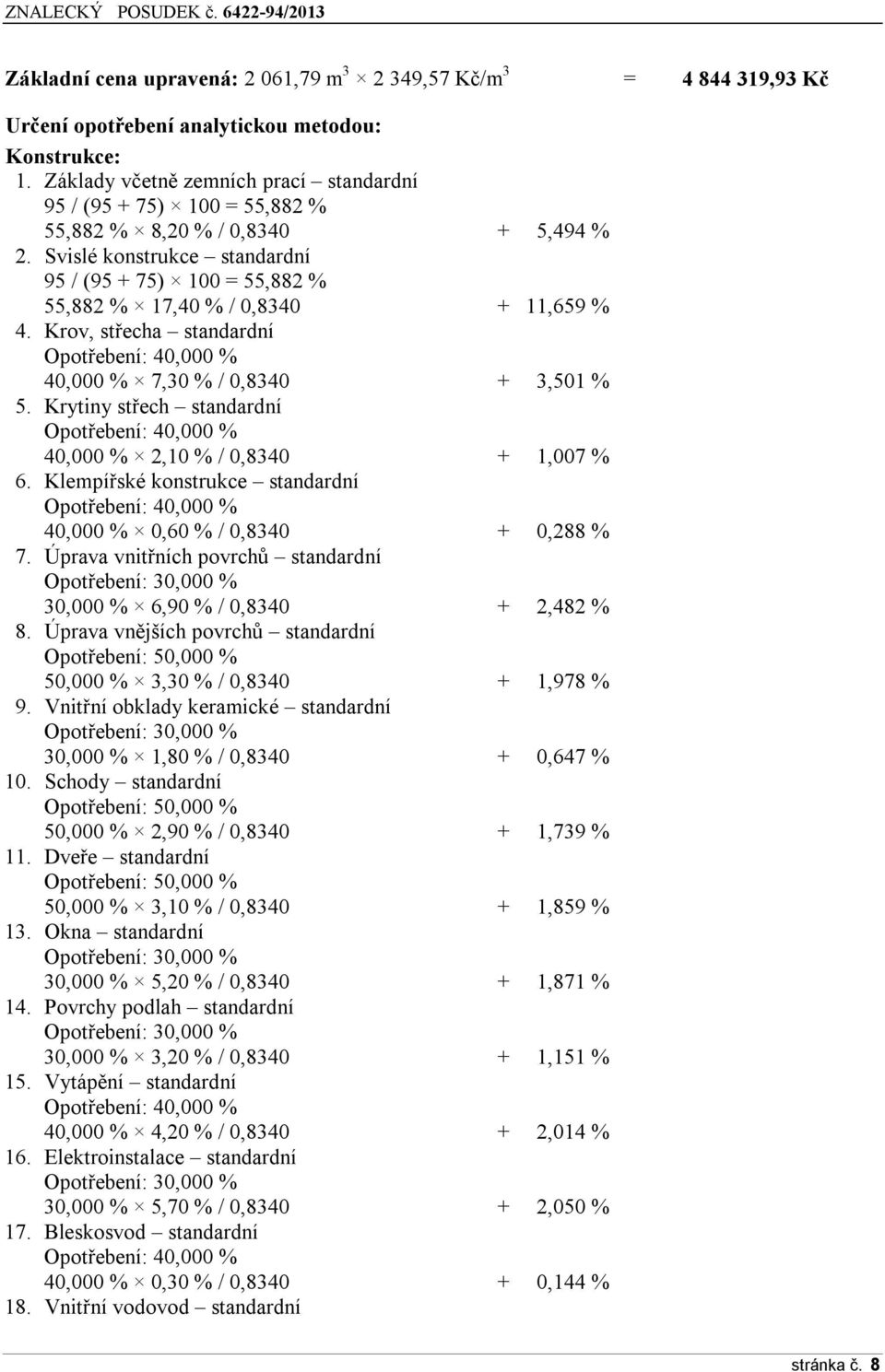 Svislé konstrukce standardní 95 / (95 + 75) 100 = 55,882 % 55,882 % 17,40 % / 0,8340 + 11,659 % 4. Krov, střecha standardní Opotřebení: 40,000 % 40,000 % 7,30 % / 0,8340 + 3,501 % 5.