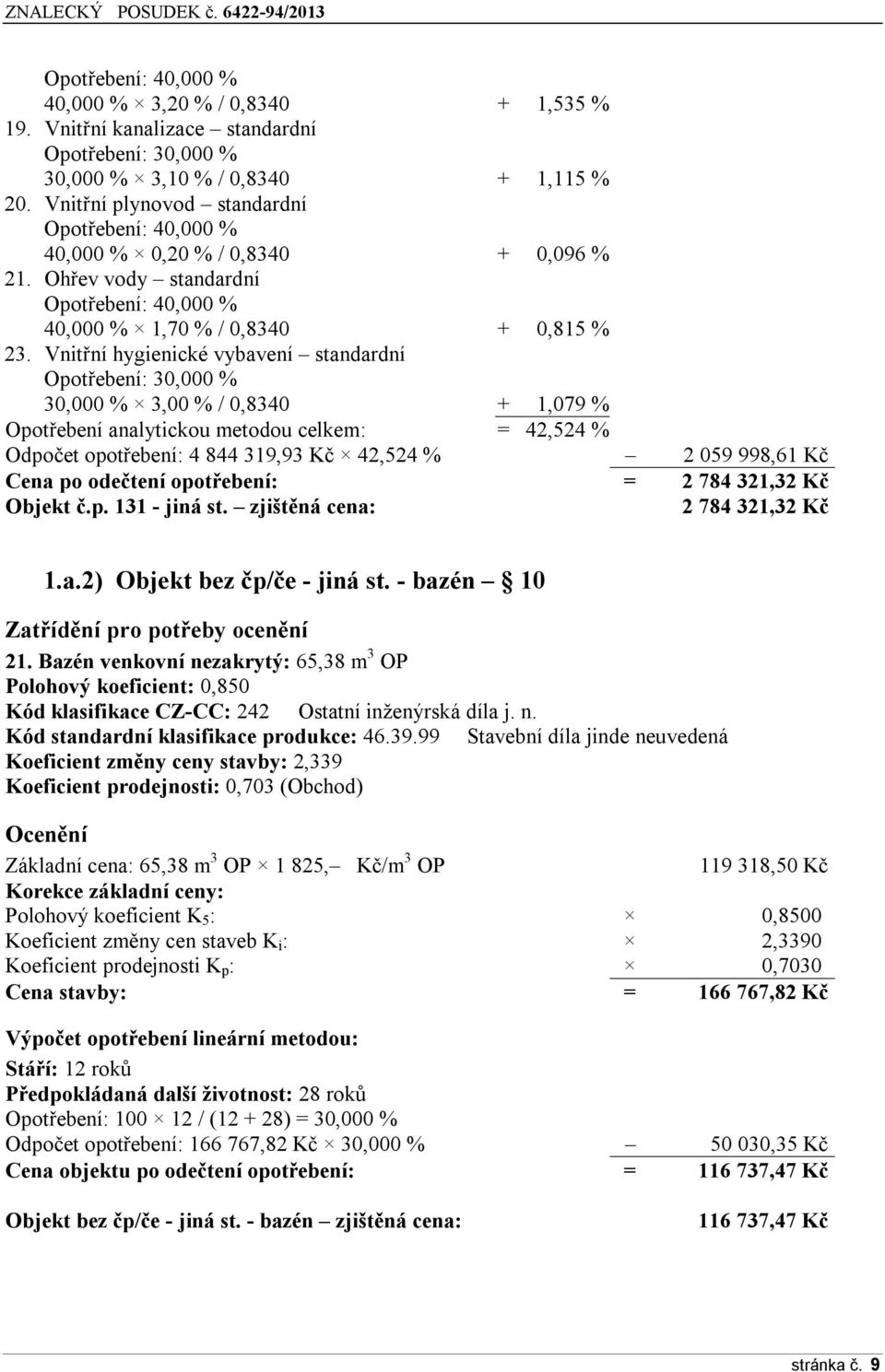 Vnitřní hygienické vybavení standardní Opotřebení: 30,000 % 30,000 % 3,00 % / 0,8340 + 1,079 % Opotřebení analytickou metodou celkem: = 42,524 % Odpočet opotřebení: 4 844 319,93 Kč 42,524 % 2 059