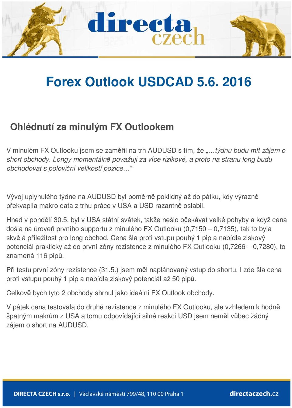 překvapila makro data z trhu práce v USA a USD razantně oslabil. Hned v pondělí 30.5.