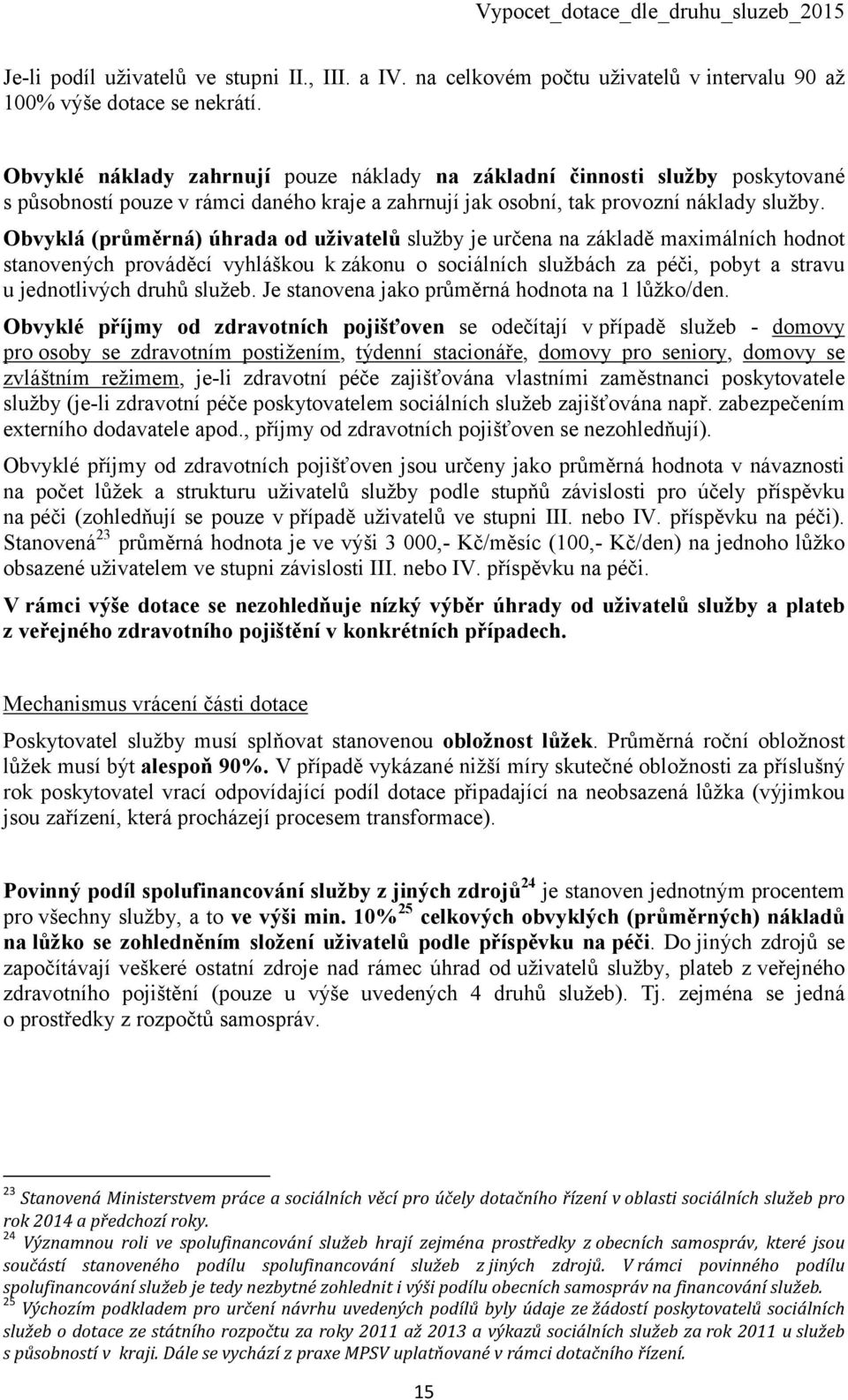 Obvyklá (průměrná) úhrada od uživatelů služby je určena na základě maximálních hodnot stanovených prováděcí vyhláškou k zákonu o sociálních službách za péči, pobyt a stravu u jednotlivých druhů