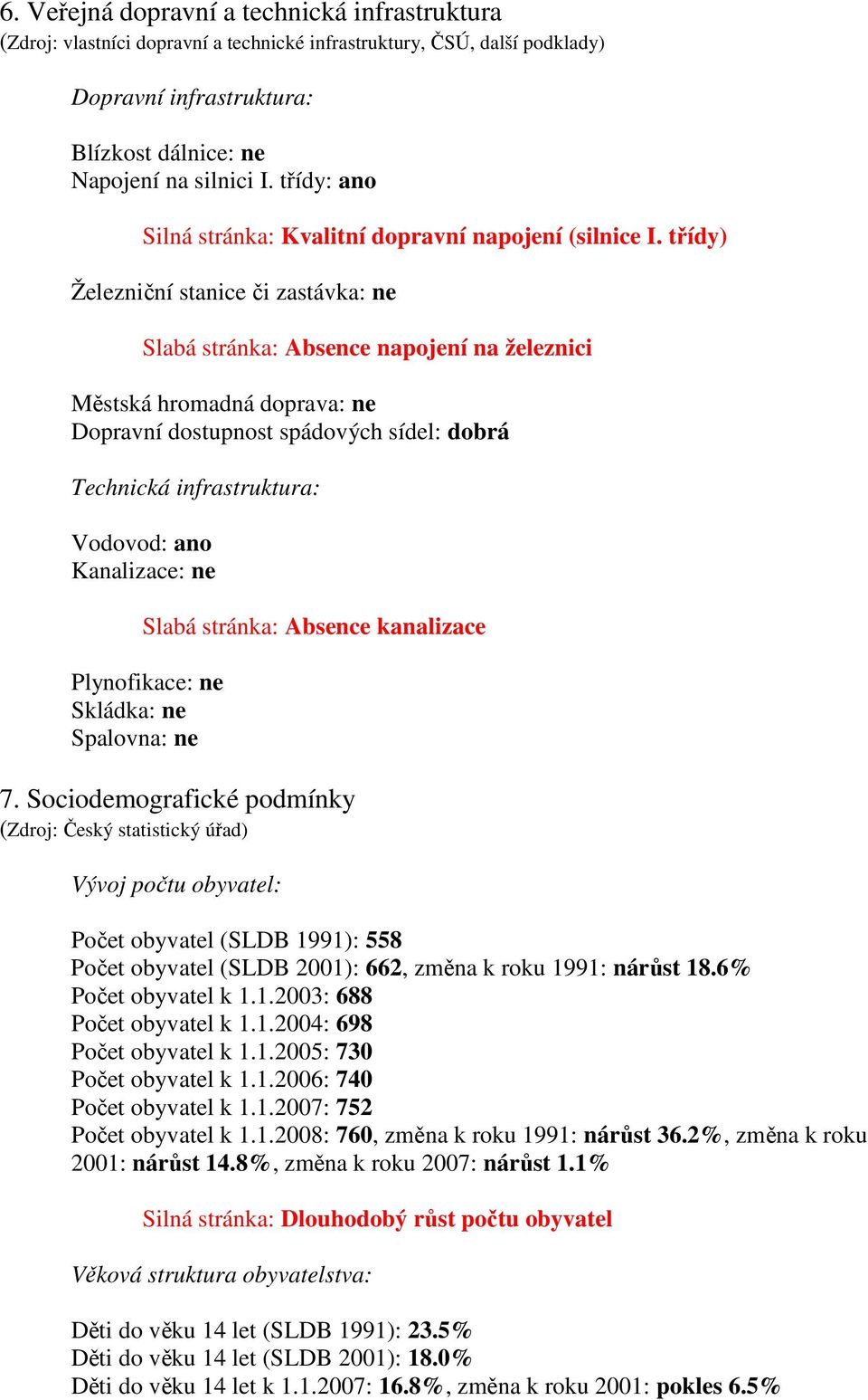 třídy) Železniční stanice či zastávka: ne Slabá stránka: Absence napojení na železnici Městská hromadná doprava: ne Dopravní dostupnost spádových sídel: dobrá Technická infrastruktura: Vodovod: ano