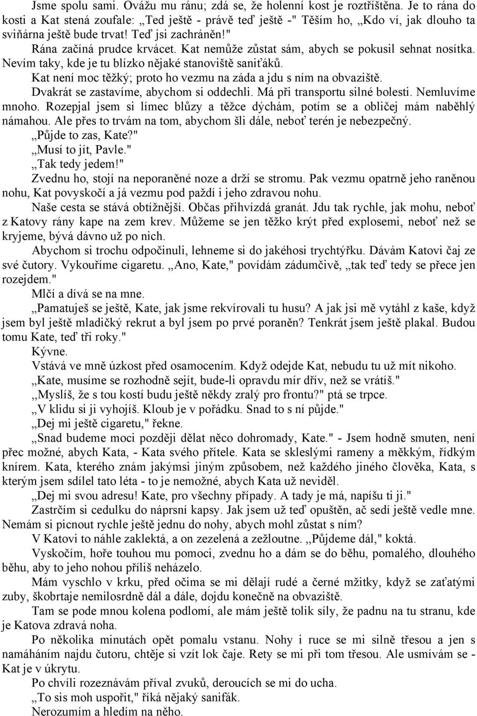 Kat nemůže zůstat sám, abych se pokusil sehnat nosítka. Nevím taky, kde je tu blízko nějaké stanoviště saniťáků. Kat není moc těžký; proto ho vezmu na záda a jdu s ním na obvaziště.