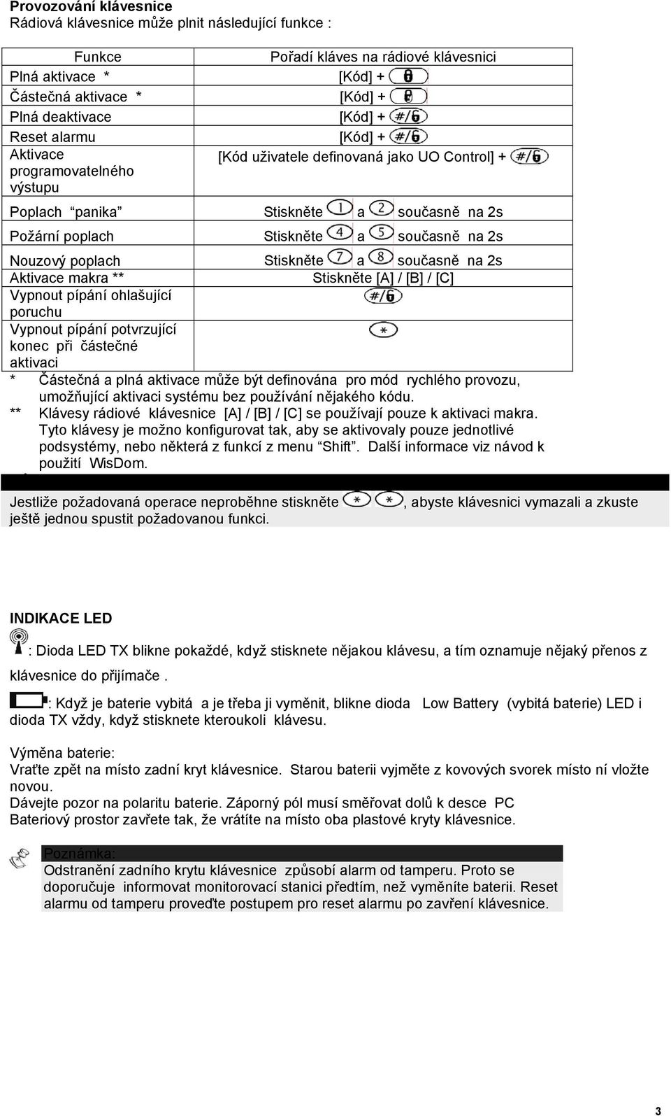 Stiskněte a současně na 2s Aktivace makra ** Stiskněte [A] / [B] / [C] Vypnout pípání ohlašující poruchu Vypnout pípání potvrzující konec při částečné aktivaci * Částečná a plná aktivace může být