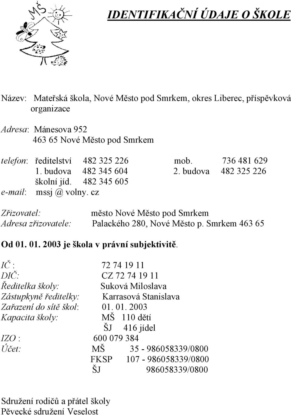 Smrkem 463 65 Od 01. 01. 2003 je škola v právní subjektivitě.