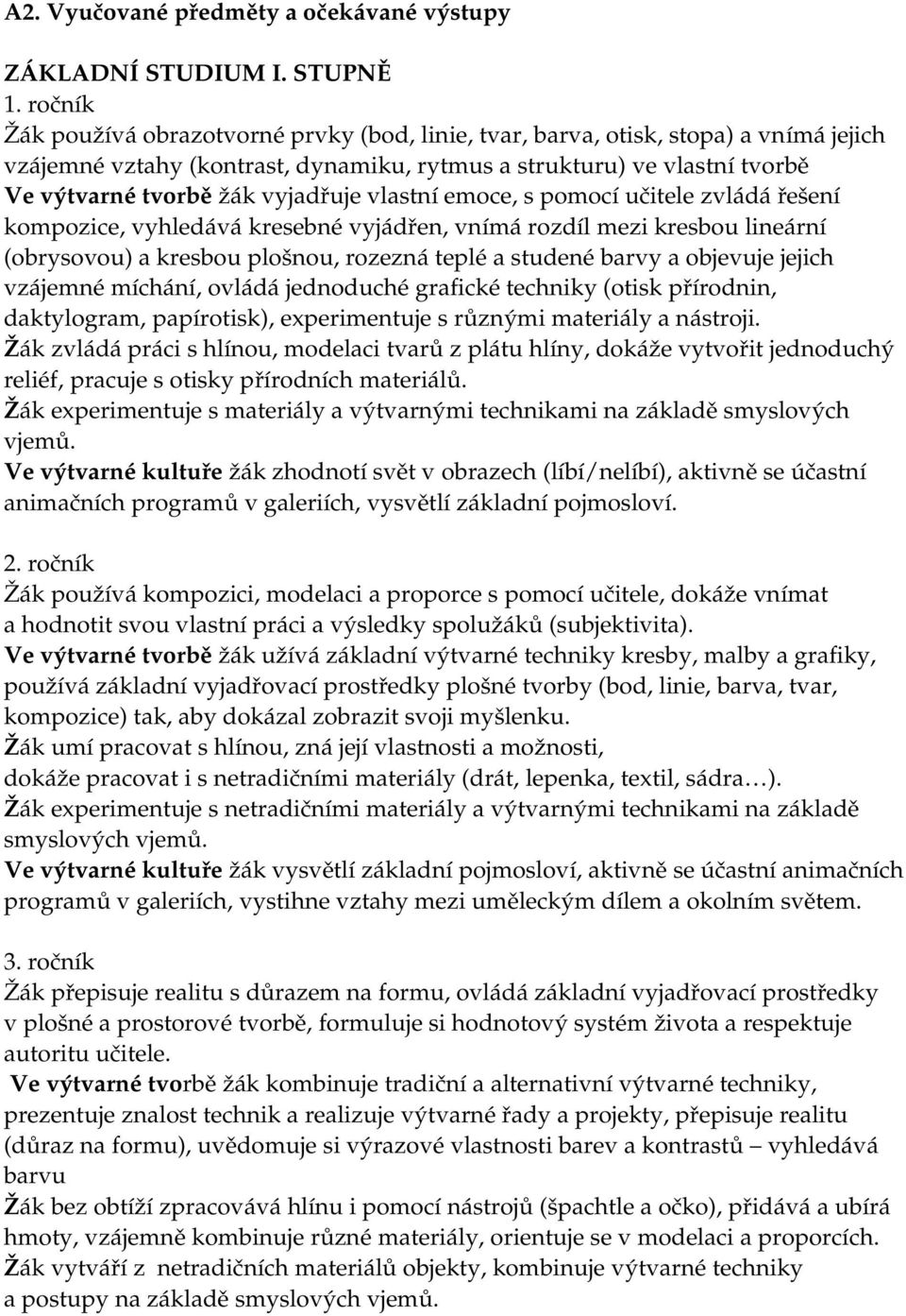 vyjadřuje vlastní emoce, s pomocí učitele zvládá řešení kompozice, vyhledává kresebné vyjádřen, vnímá rozdíl mezi kresbou lineární (obrysovou) a kresbou plošnou, rozezná teplé a studené barvy a