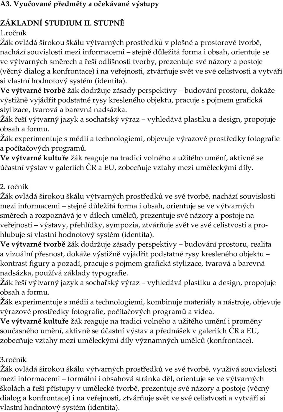odlišnosti tvorby, prezentuje své názory a postoje (věcný dialog a konfrontace) i na veřejnosti, ztvárňuje svět ve své celistvosti a vytváří si vlastní hodnotový systém (identita).