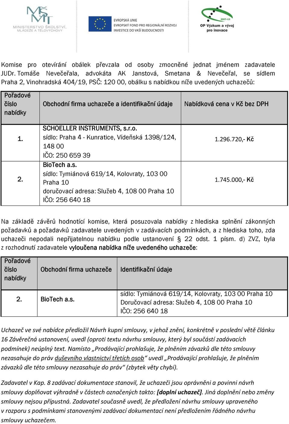 uchazeče a identifikační údaje Nabídková cena v Kč bez DPH 1. 2. SCHOELLER INSTRUMENTS, s.