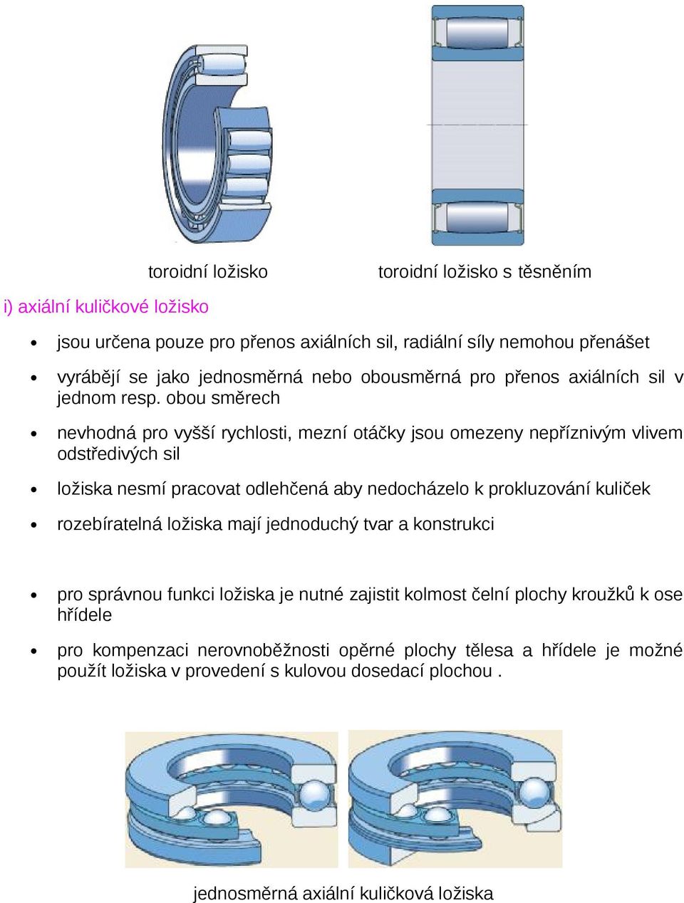 obou směrech nevhodná pro vyšší rychlosti, mezní otáčky jsou omezeny nepříznivým vlivem odstředivých sil ložiska nesmí pracovat odlehčená aby nedocházelo k prokluzování kuliček