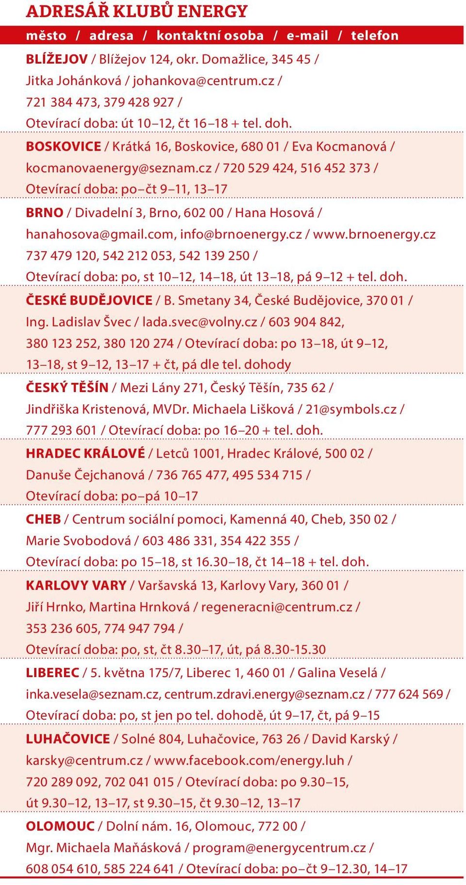 cz / 720 529 424, 516 452 373 / Otevírací doba: po čt 9 11, 13 17 BRNO / Divadelní 3, Brno, 602 00 / Hana Hosová / hanahosova@gmail.com, info@brnoenergy.