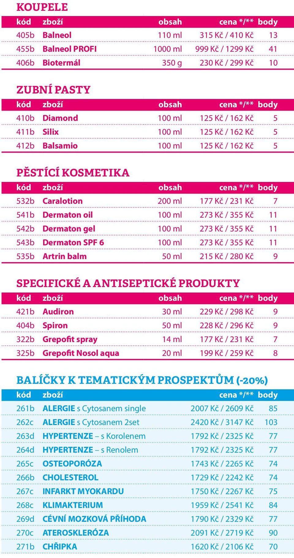 355 Kč 11 543b Dermaton SPF 6 100 ml 273 Kč / 355 Kč 11 535b Artrin balm 50 ml 215 Kč / 280 Kč 9 SPECIFICKÉ A ANTISEPTICKÉ PRODUKTY 421b Audiron 30 ml 229 Kč / 298 Kč 9 404b Spiron 50 ml 228 Kč / 296