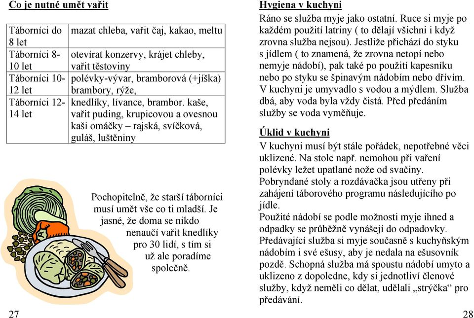 kaše, vařit puding, krupicovou a ovesnou kaši omáčky rajská, svíčková, guláš, luštěniny Pochopitelně, že starší táborníci musí umět vše co ti mladší.