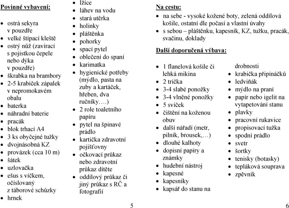 holinky pláštěnka pohorky spací pytel oblečení do spaní karimatka hygienické potřeby (mýdlo, pasta na zuby a kartáček, hřeben, dva ručníky.