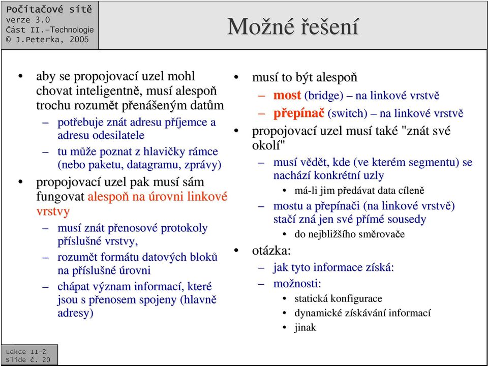 píslup slušné úrovni chápat význam informací,, které jsou s penosem p spojeny (hlavn adresy) musí to být alespo most (bridge) na linkové vrstv pepína (switch) na linkov propojovací uzel musí také