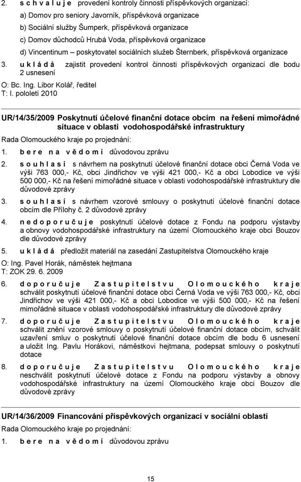 u k l á d á zajistit provedení kontrol činnosti příspěvkových organizací dle bodu 2 usnesení O: Bc. Ing. Libor Kolář, ředitel T: I.