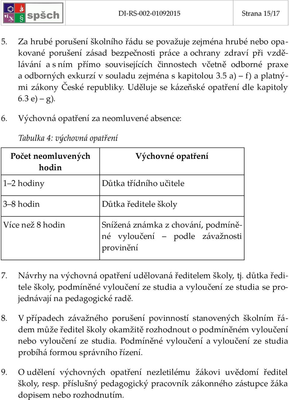 odborných exkurzí v souladu zejména s kapitolou 3.5 a) f) a platnými zákony České republiky. Uděluje se kázeňské opatření dle kapitoly 6.