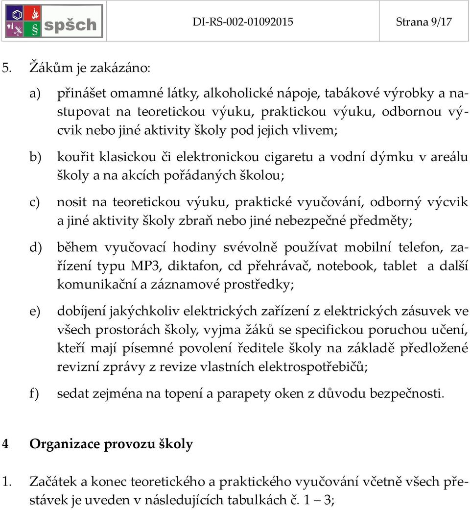 kouřit klasickou či elektronickou cigaretu a vodní dýmku v areálu školy a na akcích pořádaných školou; c) nosit na teoretickou výuku, praktické vyučování, odborný výcvik a jiné aktivity školy zbraň