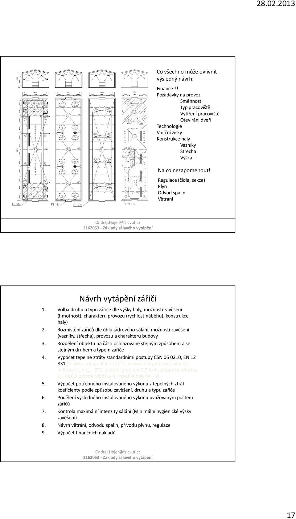 Regulace (čidla, sece) Plyn Odvod spalin Větrání Návrh vytápění zářiči 1. Volba druhu a typu zářiče dle výšy haly, možností zavěšení (hmotnost), charateru provozu (rychlost náběhu), onstruce haly) 2.