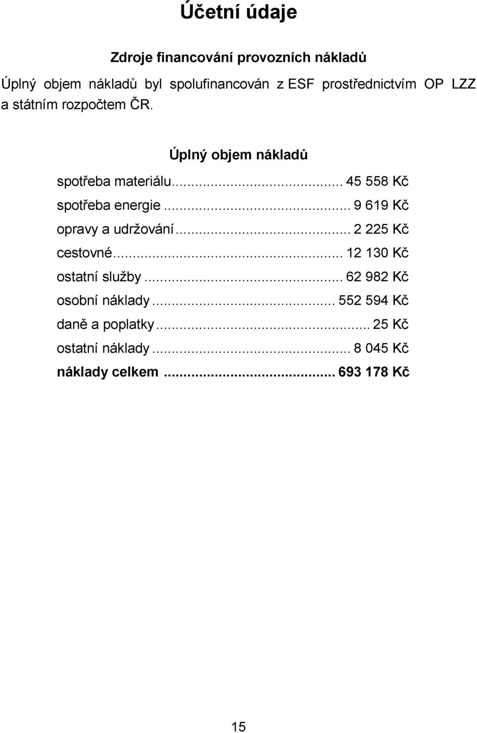 .. 45 558 Kč spotřeba energie... 9 619 Kč opravy a udržování... 2 225 Kč cestovné.