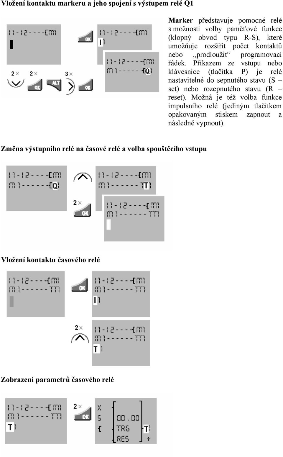 Příkazem ze vstupu nebo klávesnice (tlačítka P) je relé nastavitelné do sepnutého stavu (S set) nebo rozepnutého stavu (R reset).
