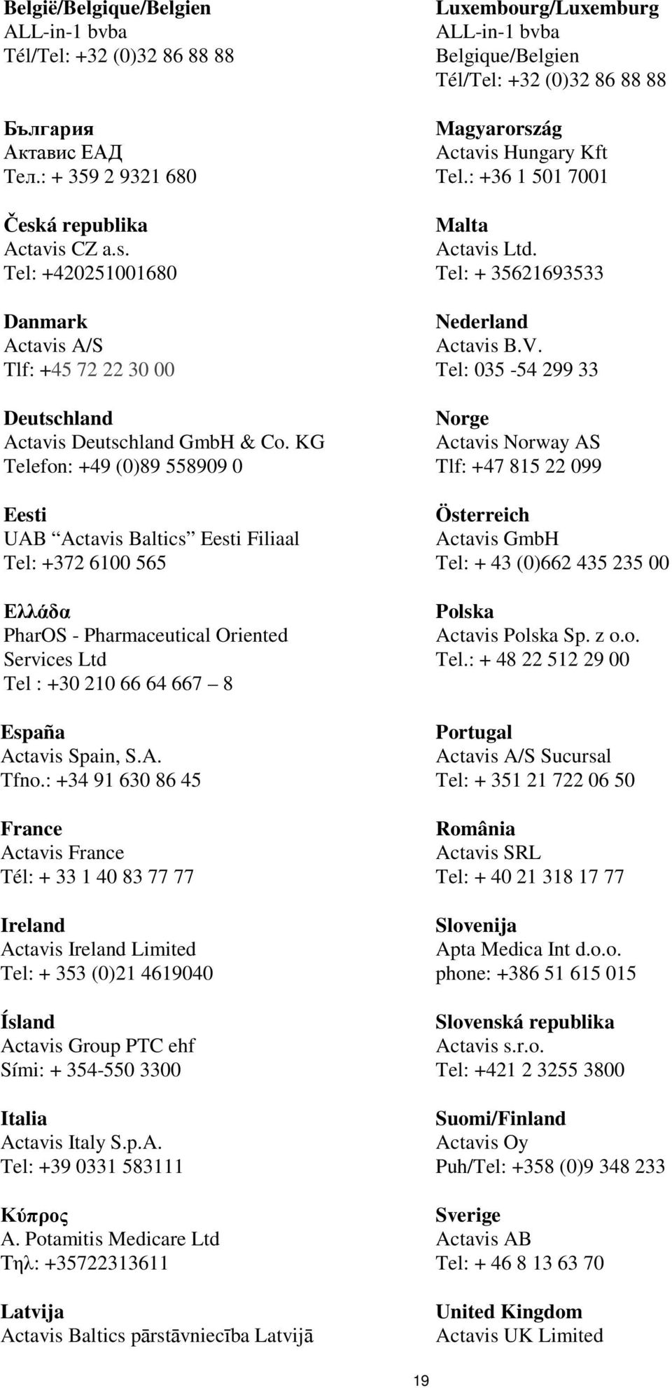 KG Telefon: +49 (0)89 558909 0 Eesti UAB Actavis Baltics Eesti Filiaal Tel: +372 6100 565 Ελλάδα PharOS - Pharmaceutical Oriented Services Ltd Tel : +30 210 66 64 667 8 España Actavis Spain, S.A. Tfno.