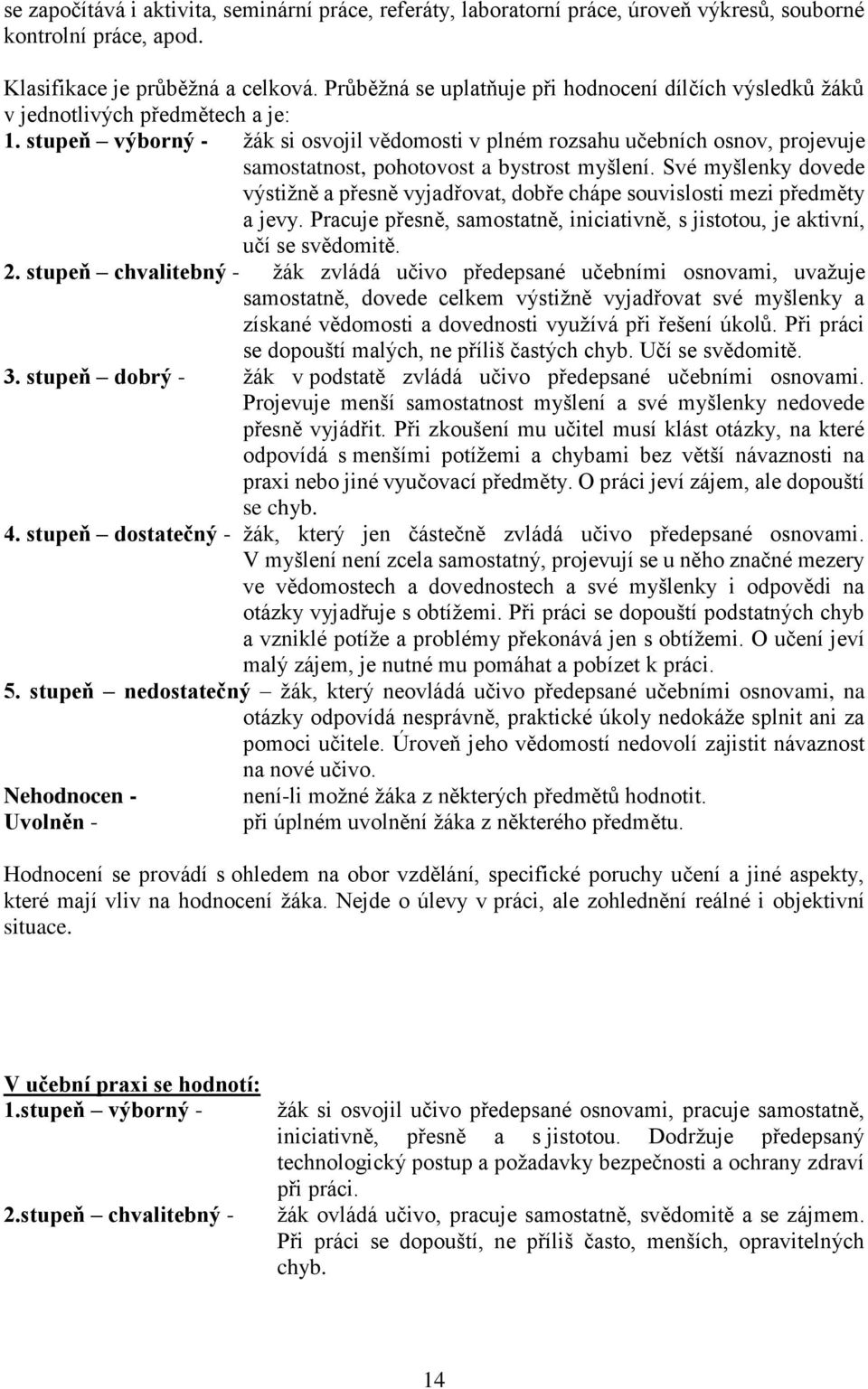 stupeň výborný - žák si osvojil vědomosti v plném rozsahu učebních osnov, projevuje samostatnost, pohotovost a bystrost myšlení.