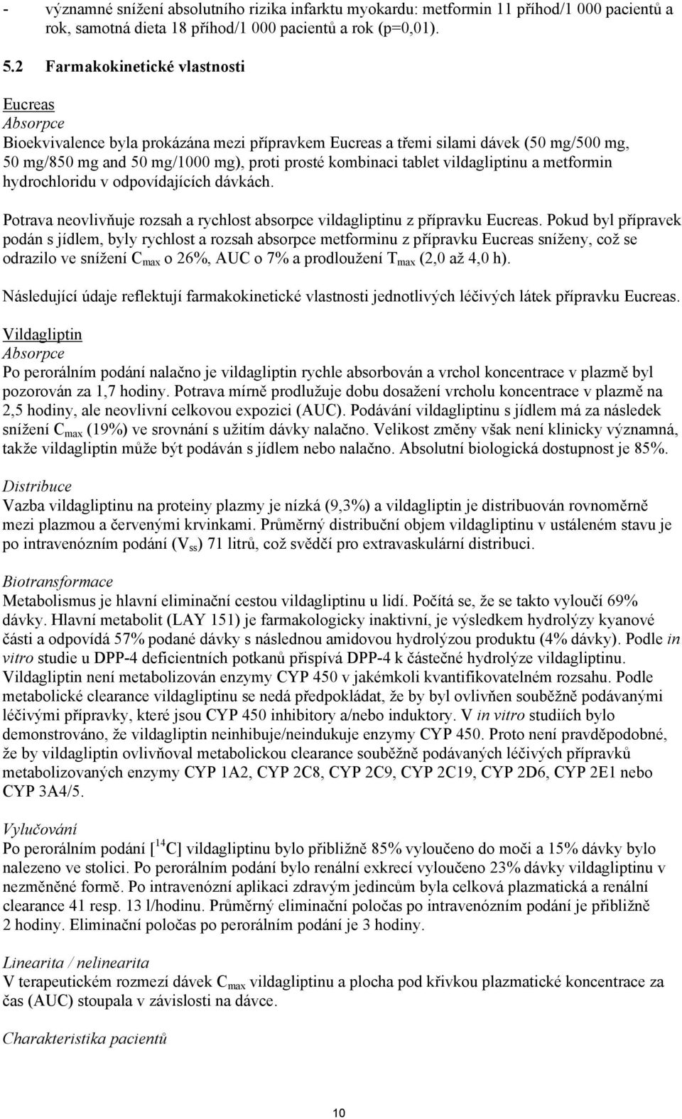 vildagliptinu a metformin hydrochloridu v odpovídajících dávkách. Potrava neovlivňuje rozsah a rychlost absorpce vildagliptinu z přípravku Eucreas.