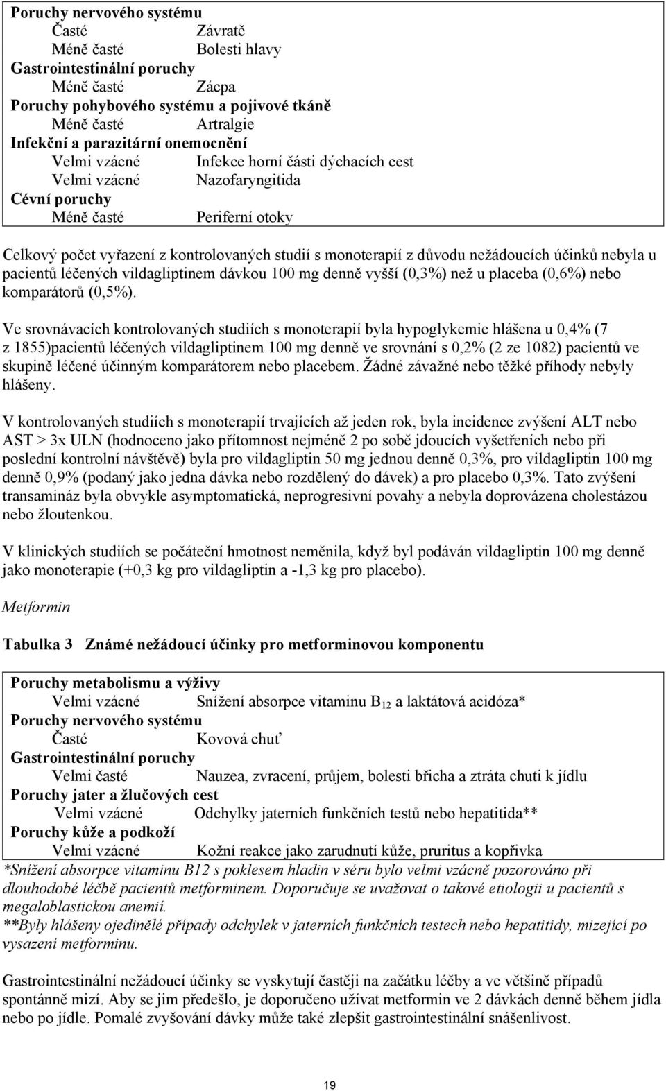 nežádoucích účinků nebyla u pacientů léčených vildagliptinem dávkou 100 mg denně vyšší (0,3%) než u placeba (0,6%) nebo komparátorů (0,5%).