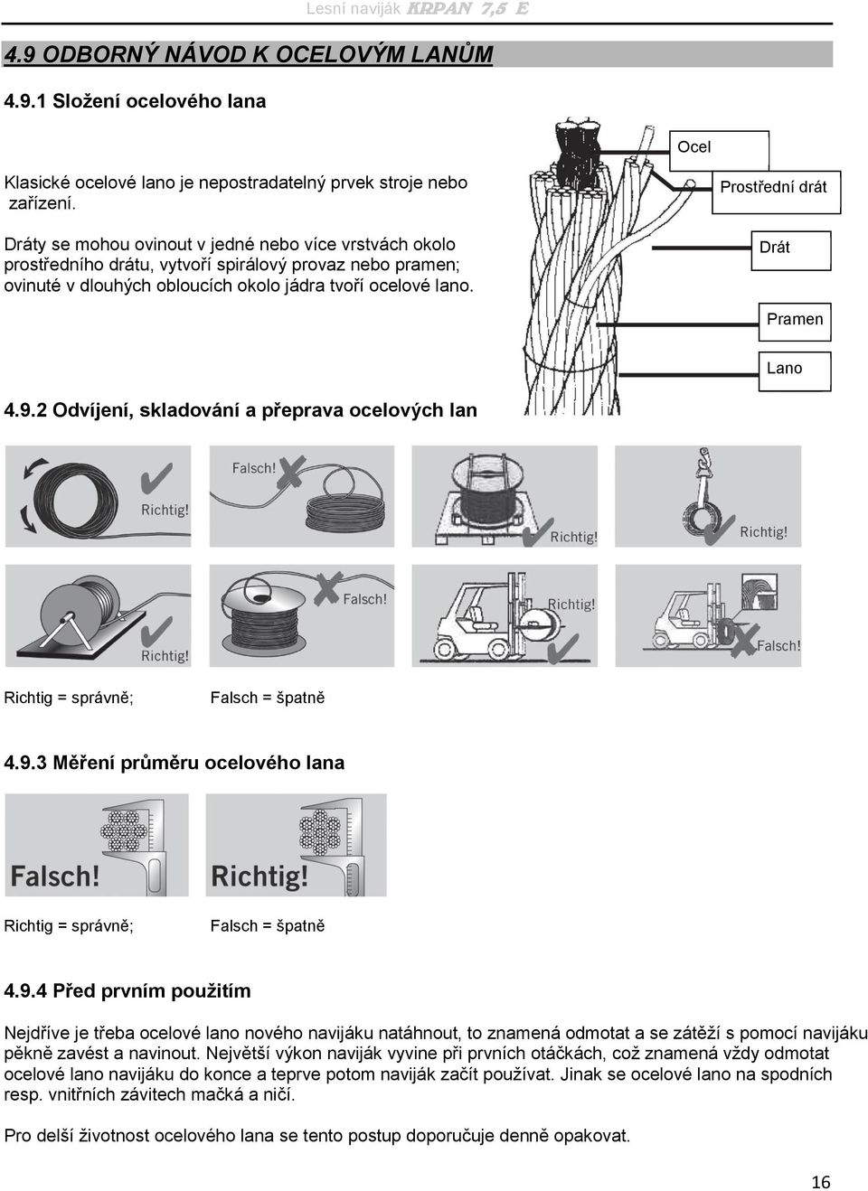 Prostřední drát Drát Pramen Lano 4.9.2 Odvíjení, skladování a přeprava ocelových lan Richtig = správně; Falsch = špatně 4.9.3 Měření průměru ocelového lana Richtig = správně; Falsch = špatně 4.9.4 Před prvním použitím Nejdříve je třeba ocelové lano nového navijáku natáhnout, to znamená odmotat a se zátěží s pomocí navijáku pěkně zavést a navinout.