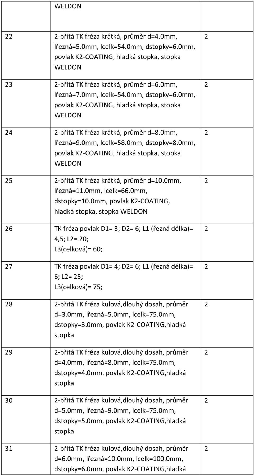 0mm, povlak K-COATING, hladká, WELDON 6 TK fréza povlak D= ; D= 6; L (řezná délka)= 4,; L= 0; L(celková)= 60; 7 TK fréza povlak D= 4; D= 6; L (řezná délka)= 6; L= ; L(celková)= 7; 8 -břitá TK fréza