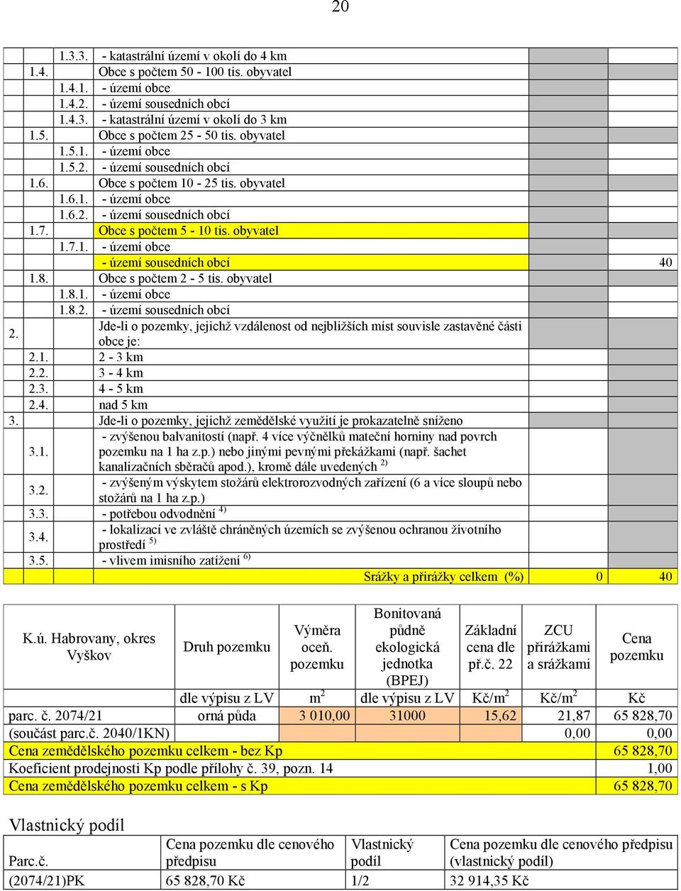 8. Obce s počtem 2-5 tis. obyvatel 1.8.1. - území obce 1.8.2. - území sousedních obcí 2. Jde-li o pozemky, jejichž vzdálenost od nejbližších míst souvisle zastavěné části obce je: 2.1. 2-3 km 2.2. 3-4 km 2.