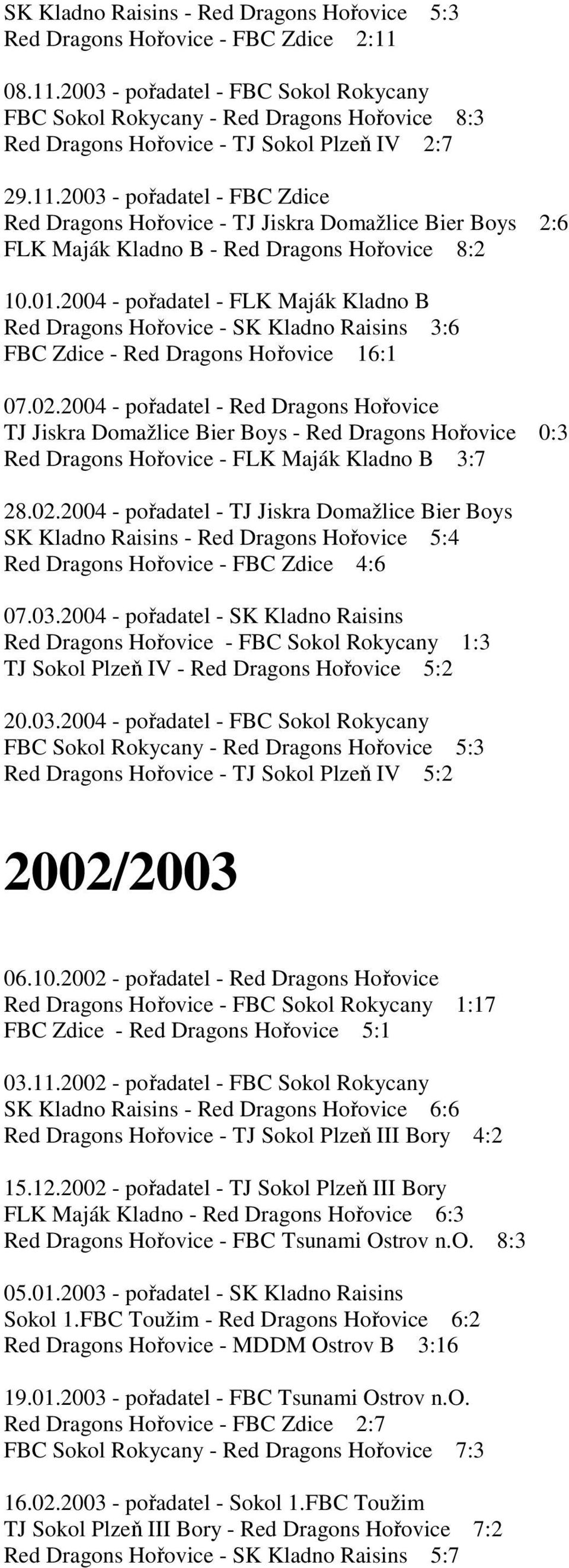 01.2004 - pořadatel - FLK Maják Kladno B Red Dragons Hořovice - SK Kladno Raisins 3:6 FBC Zdice - Red Dragons Hořovice 16:1 07.02.