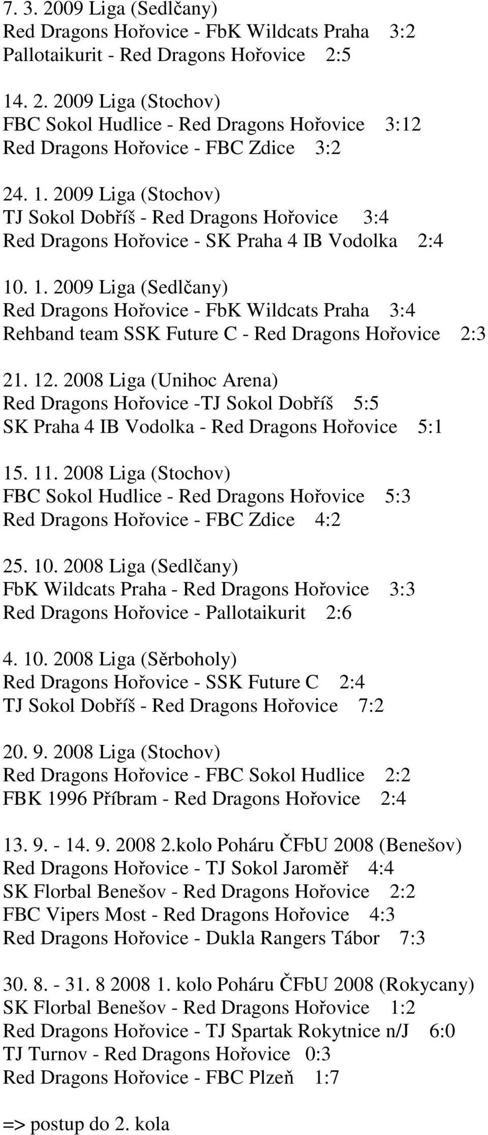 . 1. 2009 Liga (Sedlčany) Red Dragons Hořovice - FbK Wildcats Praha 3:4 Rehband team SSK Future C - Red Dragons Hořovice 2:3 21. 12.