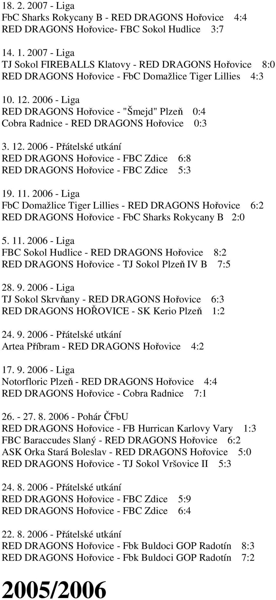 2006 - Liga RED DRAGONS Hořovice - "Šmejd" Plzeň 0:4 Cobra Radnice - RED DRAGONS Hořovice 0:3 3. 12.