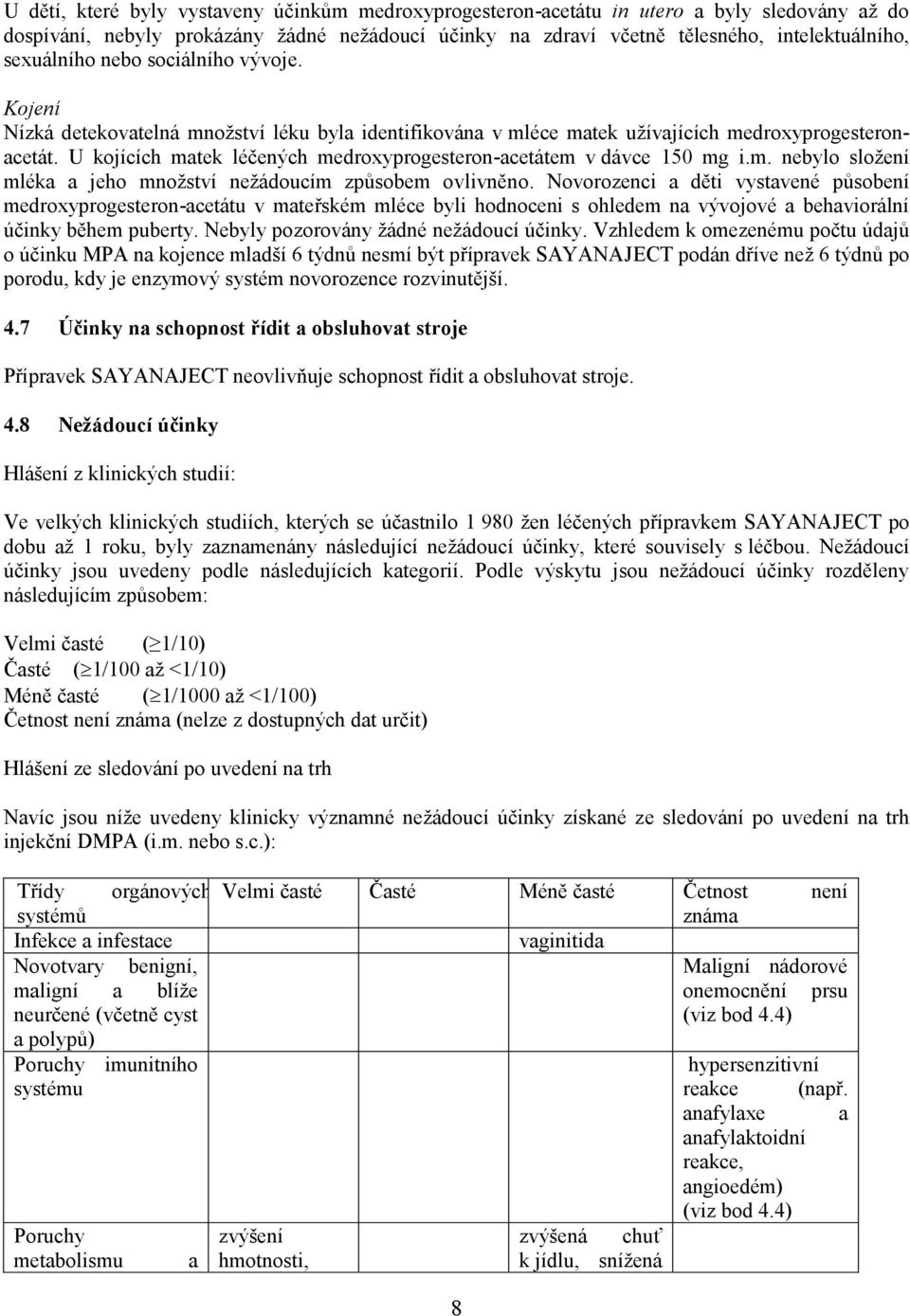 U kojících matek léčených medroxyprogesteron-acetátem v dávce 150 mg i.m. nebylo složení mléka a jeho množství nežádoucím způsobem ovlivněno.