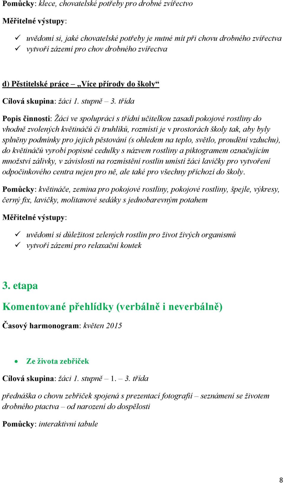 třída Popis činnosti: Žáci ve spolupráci s třídní učitelkou zasadí pokojové rostliny do vhodně zvolených květináčů či truhlíků, rozmístí je v prostorách školy tak, aby byly splněny podmínky pro