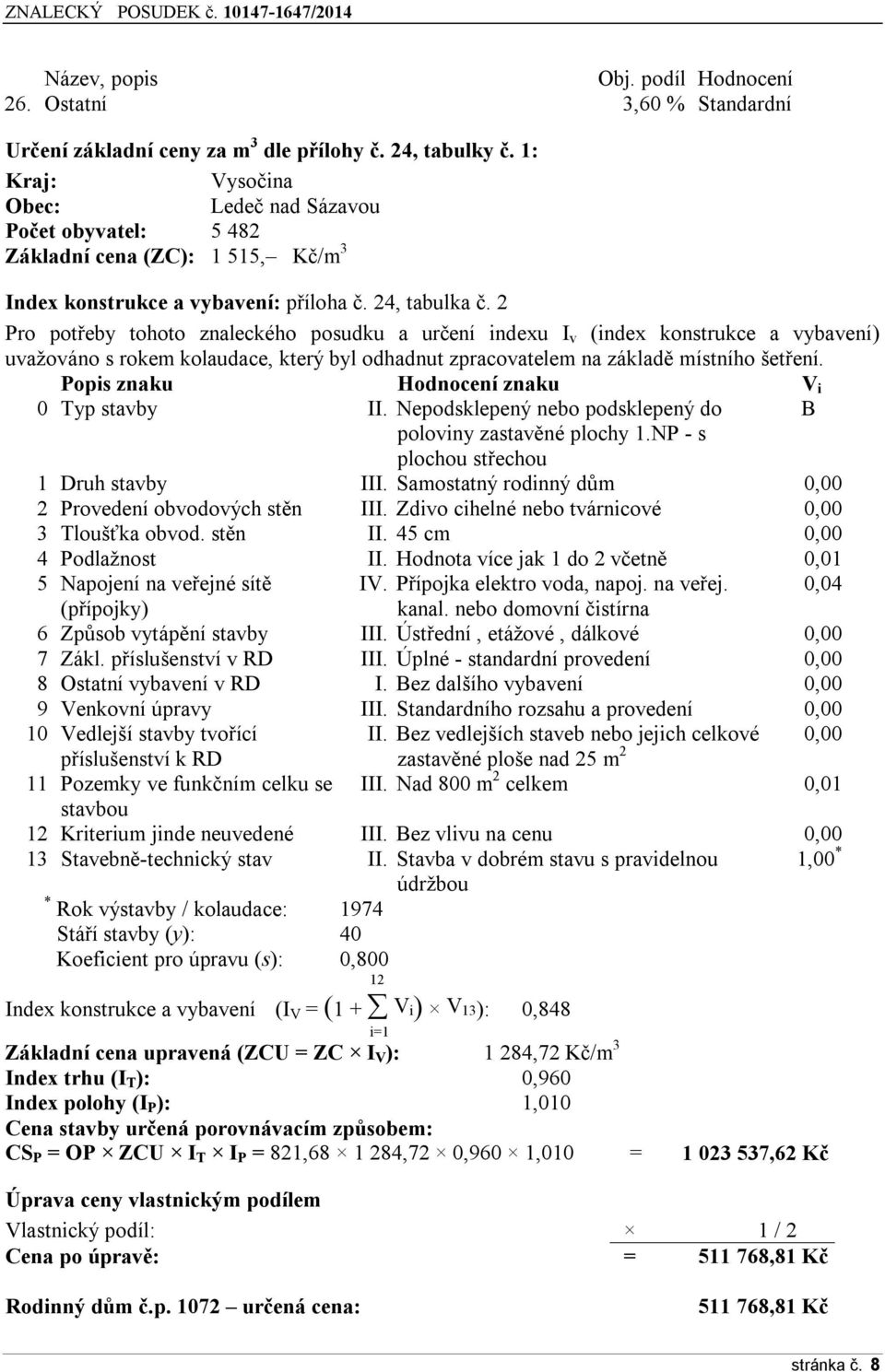 2 Pro potřeby tohoto znaleckého posudku a určení indexu I v (index konstrukce a vybavení) uvažováno s rokem kolaudace, který byl odhadnut zpracovatelem na základě místního šetření.