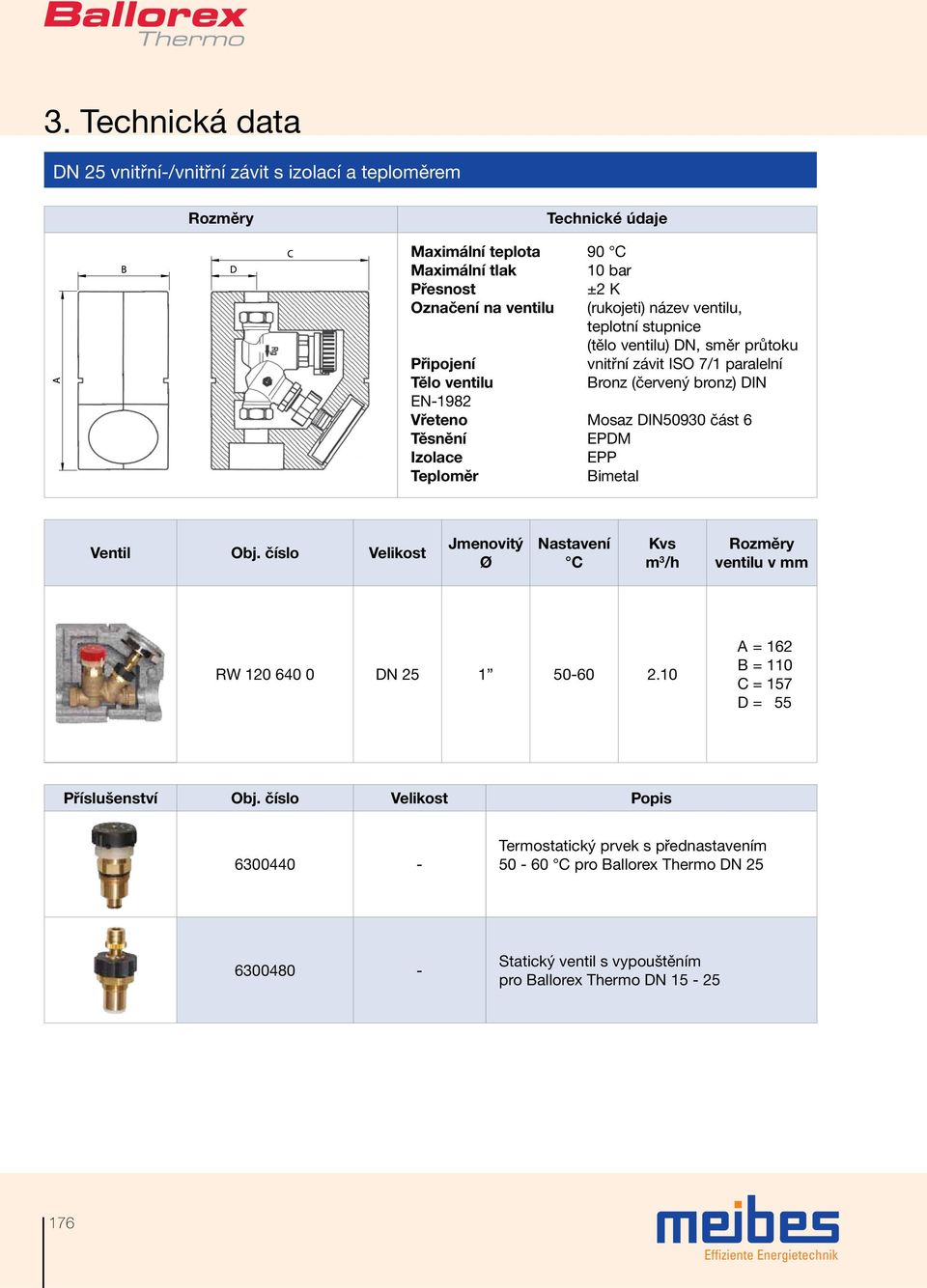 Těsnění EPDM Izolace EPP Teploměr Bimetal Ventil Obj. číslo Velikost Jmenovitý Ø Nastavení C Kvs m 3 /h ventilu v mm RW 120 640 0 DN 25 1 50-60 2.