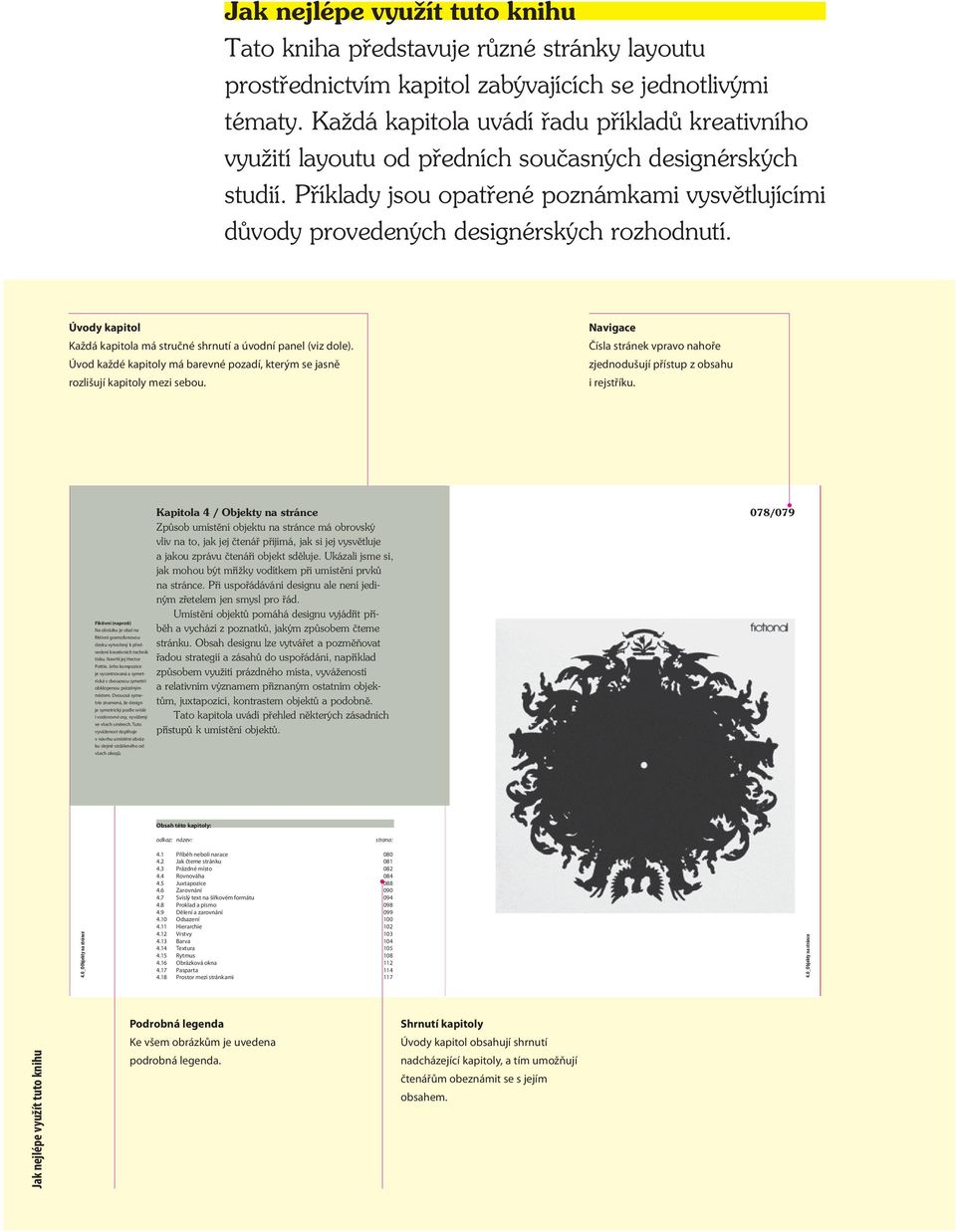 Příklady jsou opatřené poznámkami vysvětlujícími důvody provedených designérských rozhodnutí. Úvody kapitol Každá kapitola má stručné shrnutí a úvodní panel (viz dole).