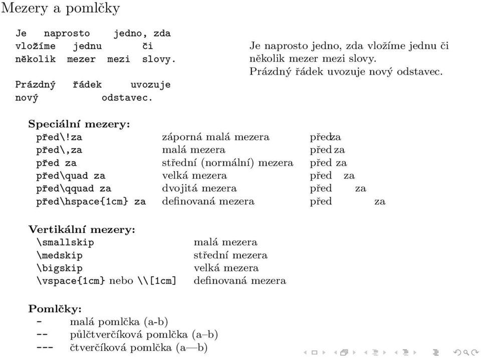 za záporná malá mezera předza před\,za malá mezera před za před za střední (normální) mezera před za před\quad za velká mezera před za před\qquad za dvojitá mezera před za