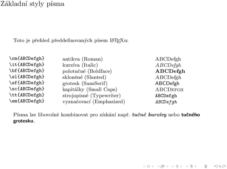 (Slanted) grotesk (SansSerif) kapitálky (Small Caps) strojopisné (Typewriter) vyznačovací (Emphasized) ABCDefgh ABCDefgh