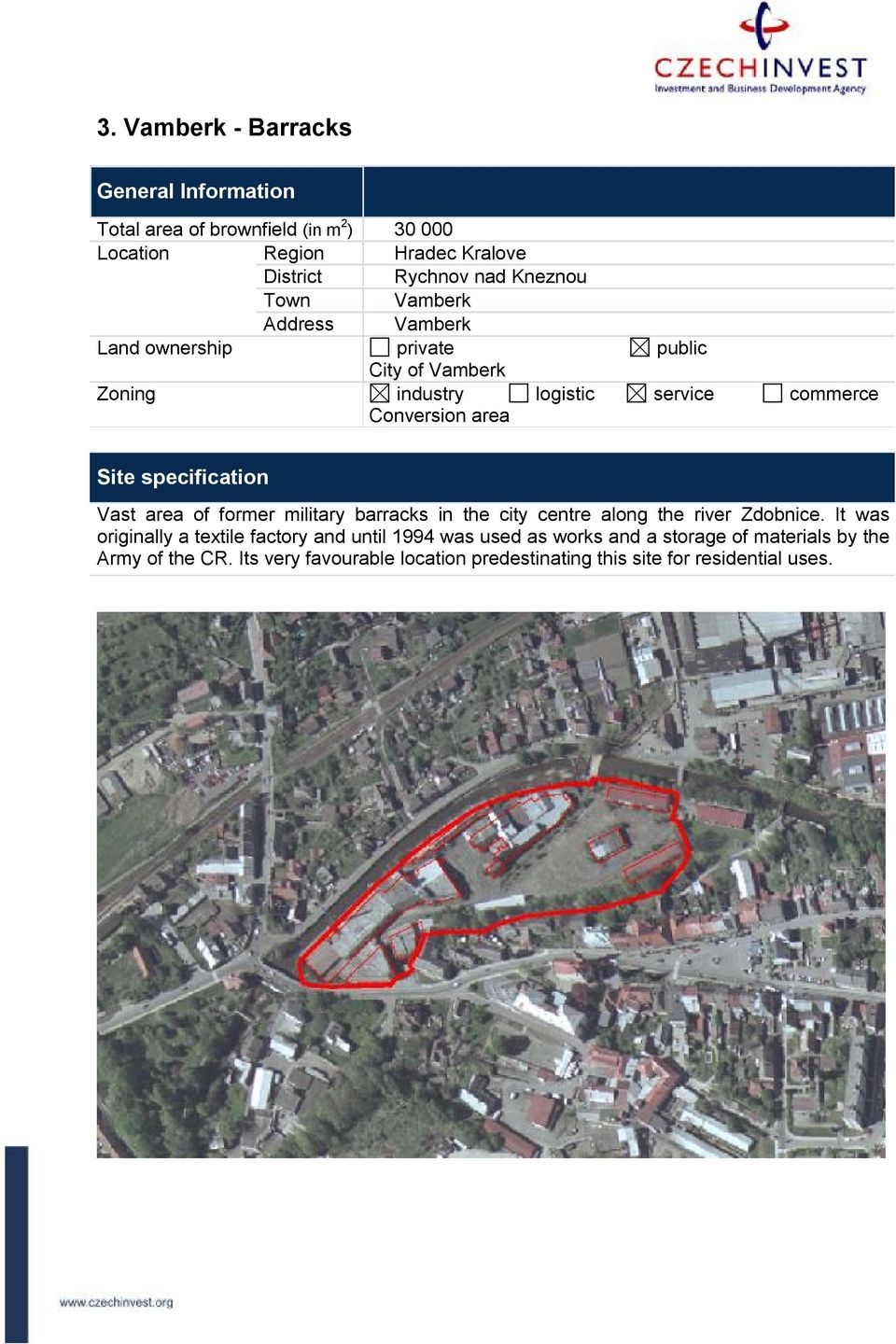 specification Vast area of former military barracks in the city centre along the river Zdobnice.