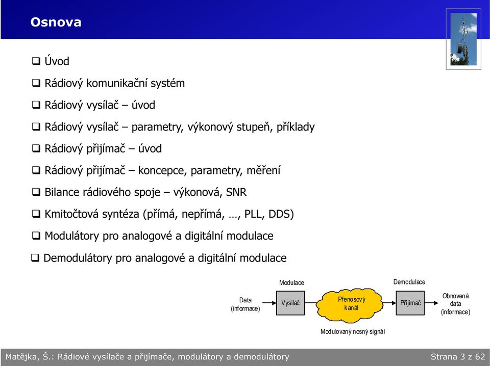 pro analogové a digitální modulae Demodulátory pro analogové a digitální modulae Modulae Demodulae Data (informae) Vysílač Přenosový