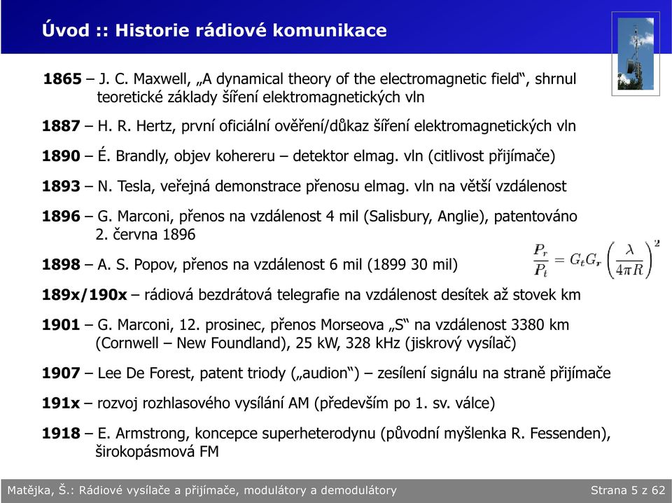 vln na větší vzdálenost 1896 G. Maroni, přenos na vzdálenost 4 mil (Salisbury, Anglie), patentováno 2. června 1896 1898 A. S.