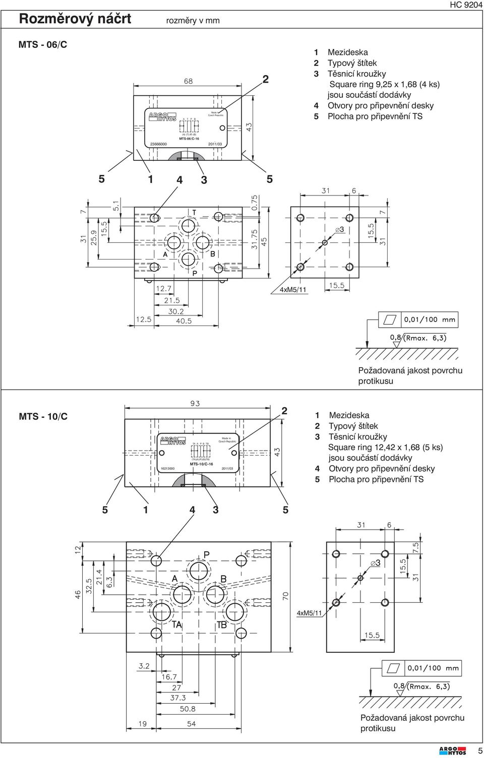 Požadovaná jakost povrchu protikusu MTS - 0/C Made in Czech Republic TA A P B TB MTS-0/C-6 63000 0/03 Mezideska Typový štítek 3 Těsnicí kroužky