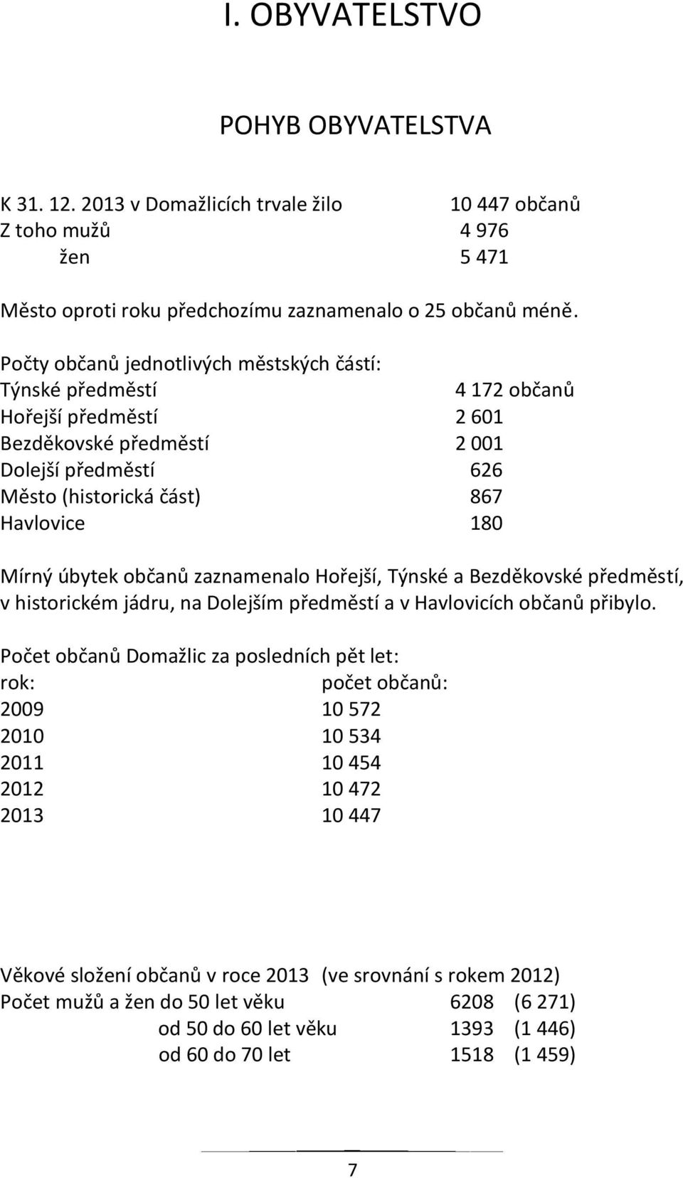 úbytek občanů zaznamenalo Hořejší, Týnské a Bezděkovské předměstí, v historickém jádru, na Dolejším předměstí a v Havlovicích občanů přibylo.