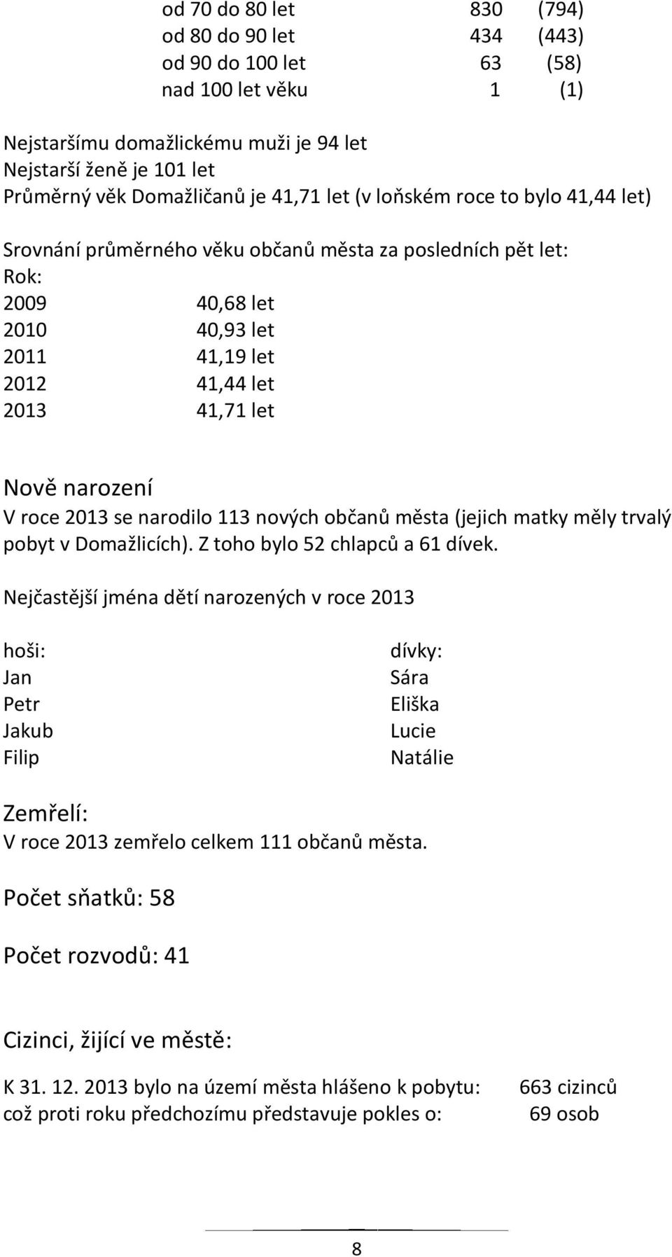 roce 2013 se narodilo 113 nových občanů města (jejich matky měly trvalý pobyt v Domažlicích). Z toho bylo 52 chlapců a 61 dívek.