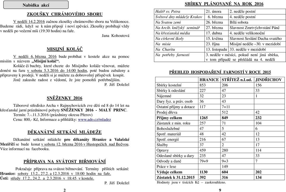 Koláče či buchty, které chcete do Misijního koláče věnovat, můžete donést na faru v sobotu 5.3.2016 do 14:00 hodin, poté budou zabaleny a připraveny k prodeji.