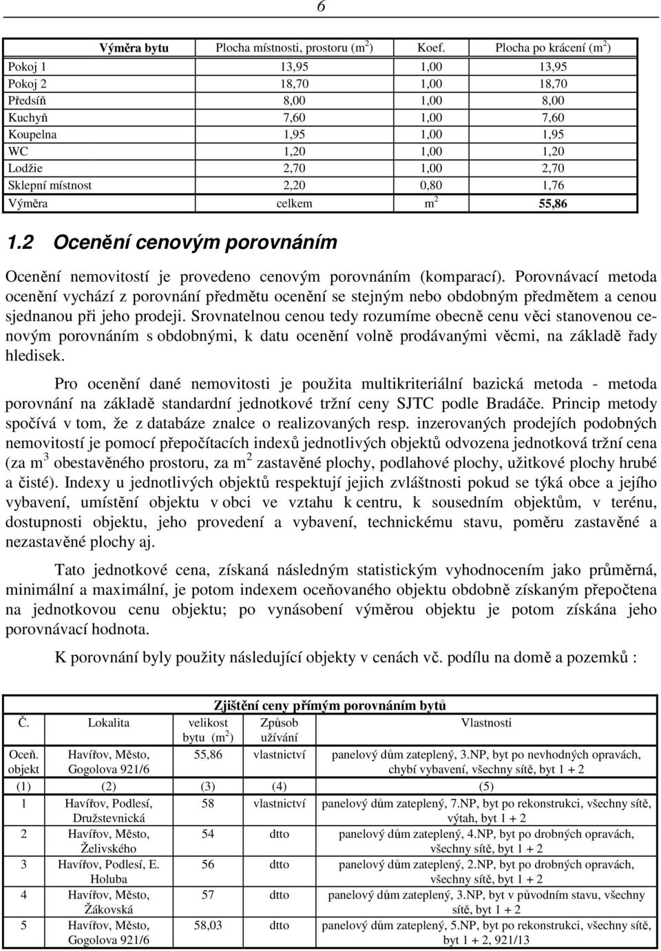 místnost 2,20 0,80 1,76 Výměra celkem m 2 55,86 1.2 Ocenění cenovým porovnáním Ocenění nemovitostí je provedeno cenovým porovnáním (komparací).