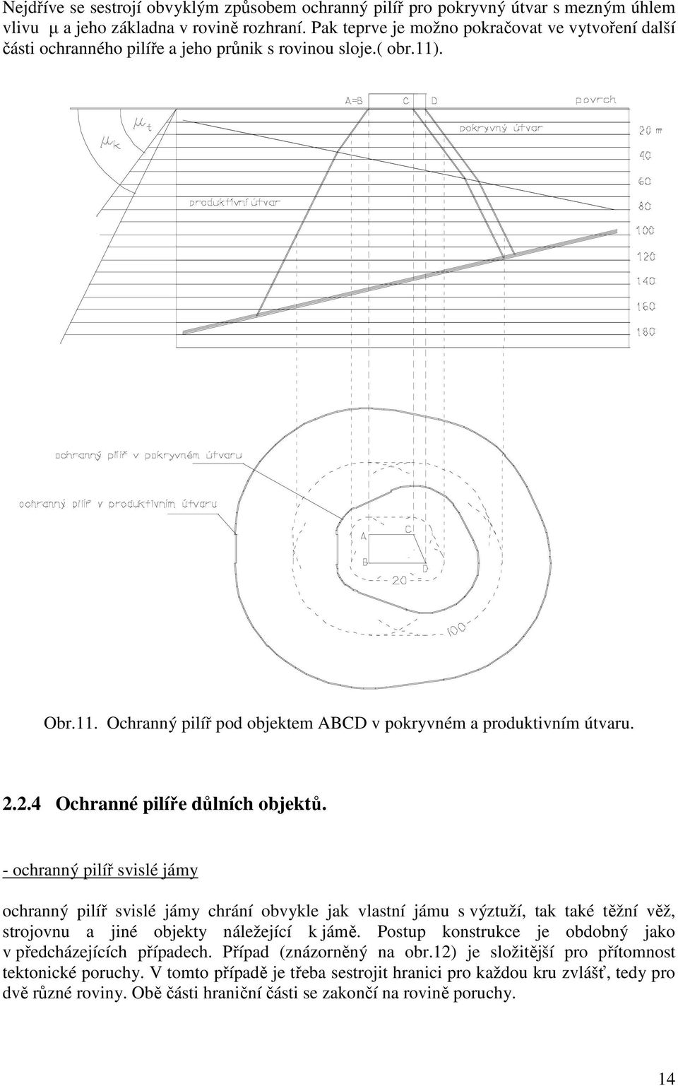 2.4 Ochranné pilíře důlních objektů. - ochranný pilíř svislé jámy ochranný pilíř svislé jámy chrání obvykle jak vlastní jámu s výztuží, tak také těžní věž, strojovnu a jiné objekty náležející k jámě.