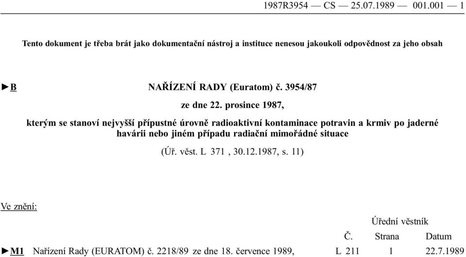 RADY (Euratom) č. 3954/87 ze dne 22.